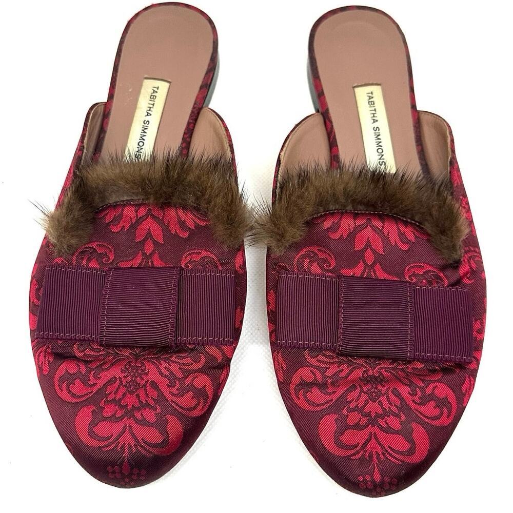 TABITHA SIMMONS Red Purple Jacquard Brocade Mink Fur Shoes Slippers - Sz 6 (36)